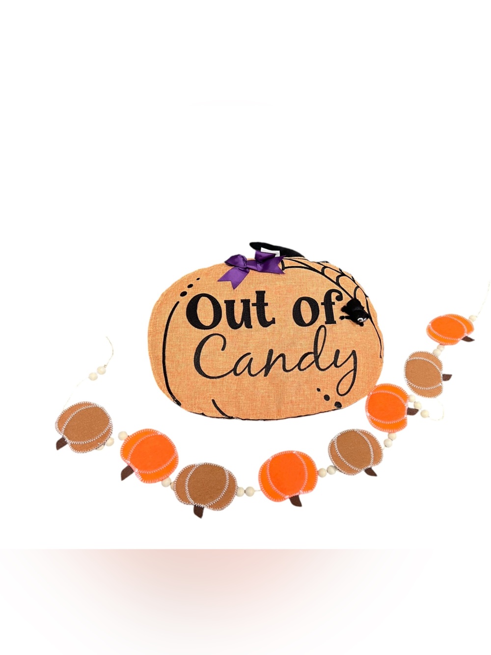 Evergreen Burlap "Out of Candy" Pumpkin Door Hanger & Pumpkin Garland Chain